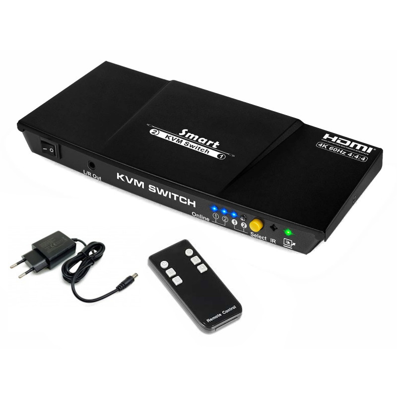 Commutateur KVM 2x1 HDMI 4K 1080p 3x USB 2.0 18Gbps HDCP 2.2 EDID HDR  Télécommande IR