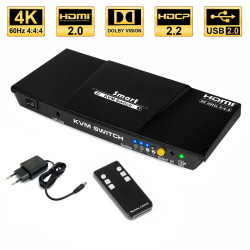 KVM slēdzis 2x1 HDMI 4K 1080p 3x USB 2.0 18Gbps HDCP 2.2 EDID HDR IR tālvadības pults ACTii AC7695