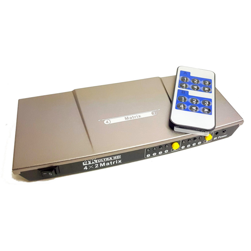 HDMI 4x2 maatrikslüliti 3D EDID HDCP 4K Ultra HD 3840x2160 Dolby AC3 DTS5.1 DTS7.1 DVI + kaugjuhtimispult ACTii AC4039