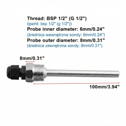 Temperaturgivarskydd Termometerhylsa 100mm Rostfritt Stål 304 Gänga 1/2 ACTii AC2294