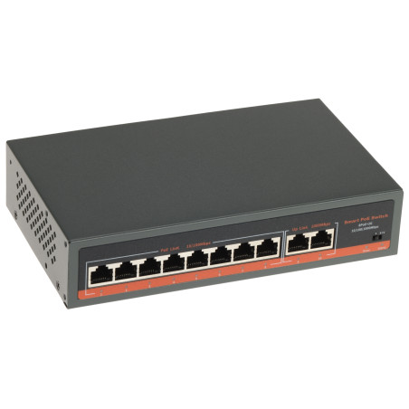 מתג PoE 8 יציאות LAN 10/100 Mbps פלוס 2 יציאות Uplink Gigabit 120W עם פונקציית Extend ל-250 מטר APTI APTI-POE0802G-120W-ECO