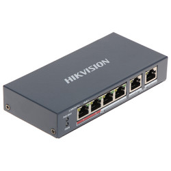 4-portu 10/100 Mb/s PoE komutators 802.3af/at standarts Extend režīms 300 m 2x Uplink komplektā barošanas bloks Desktop Hikvisio