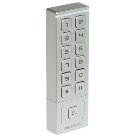 קורא כרטיסי RFID חיצוני עצמאי בתדר 13.56MHz עם מקלדת מוארת Wi-Fi IP65 כסף Hikvision DS-K1T809MWX
