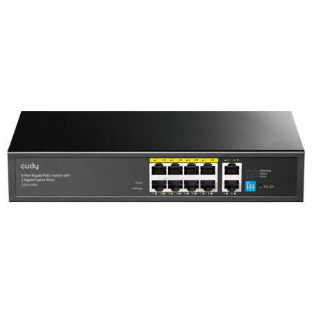 Gigabitinis PoE komutatorius 8 prievadų PoE+ 2 prievadų Uplink 1000 Mbps 120 W VLAN Watchdog 250 m stalinis metalinis korpusas C