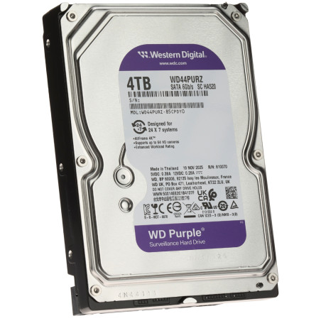 4TB SATA III 6Gb/s 硬盘用于 24/7 CCTV 监控 HDD Surveillance AllFrame 4K 视频录像机 WESTERN DIGITAL HDD-WD44PURZ