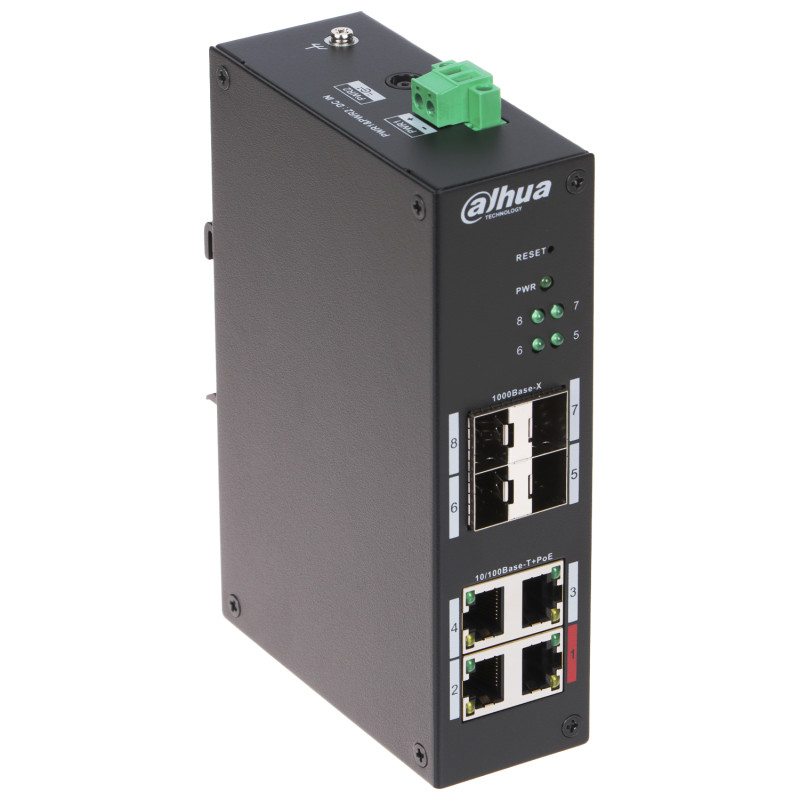 Switch PoE industrial 4 ports Gigabit 96W Watchdog SFP gestionable per carril DIN DAHUA HS4408-4ET-96