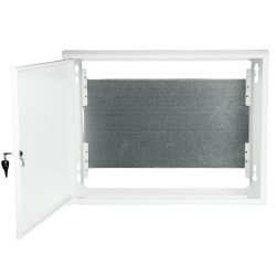 Indvendigt metaloverflademonteret kabinet med monteringsplade og lås 520x400x140mm Hvid RAL9003 boks STALFLEX MB-TPR5-MPS-W