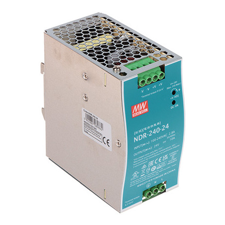 Professionel switch-mode strømforsyning til DIN-skinne 24V 10A 240W stabiliseret til styreskabe og automatisering MEAN WELL NDR-