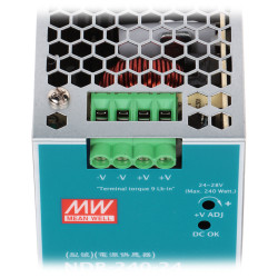 แหล่งจ่ายไฟสวิตชิ่งระดับมืออาชีพสำหรับราง DIN 24V 10A 240W แบบเสถียรสำหรับตู้ควบคุมและระบบอัตโนมัติ MEAN WELL NDR-240-24