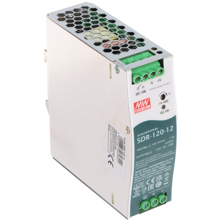 Импулсно захранване за DIN шина 12V 10A 120W индустриално стабилизирано DC OK висока ефективност 89% MEAN WELL SDR-120-12