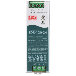 ספק כוח ממותג למסילת DIN 24V 5A 120W שיא 180W לאוטומציה ו-CCTV עם ממסר DC OK MEAN WELL SDR-120-24