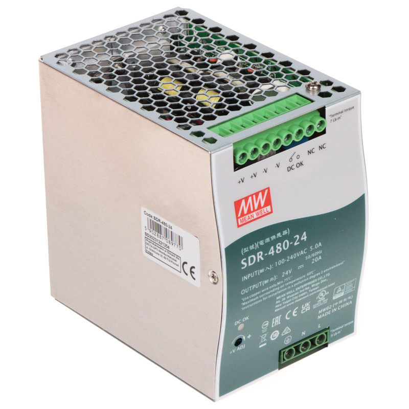 DIN-kiskovirtalähde 24V 20A 480W stabiloitu teollinen DC OK PFC korkea hyötysuhde 94% automaatio MEAN WELL SDR-480-24