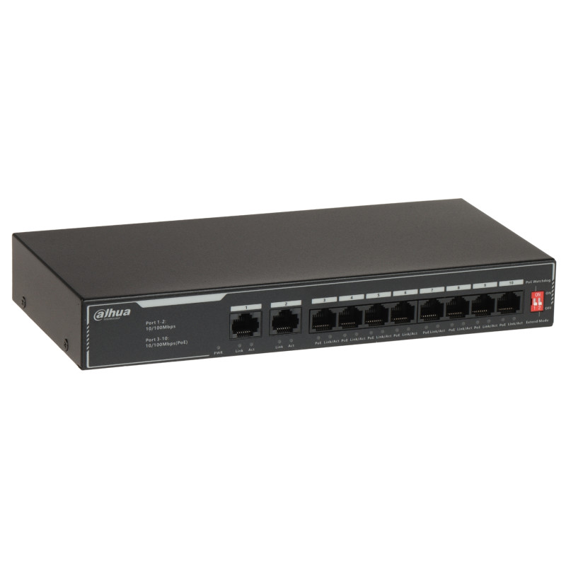 8포트 10/100Mbps PoE 스위치 2x 업링크 65W 워치독 롱레인지 CCTV 네트워크 스위치 DAHUA SF1010LP