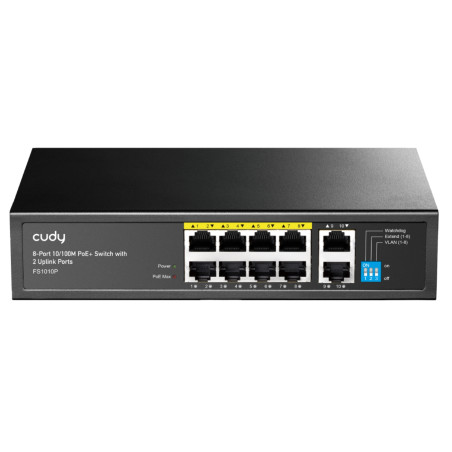 10-porttinen PoE-kytkin 8x PoE 2x Uplink 10/100 Mbps 120W VLAN Watchdog Desktop metallikotelo CCTV IP CUDY FS1010P