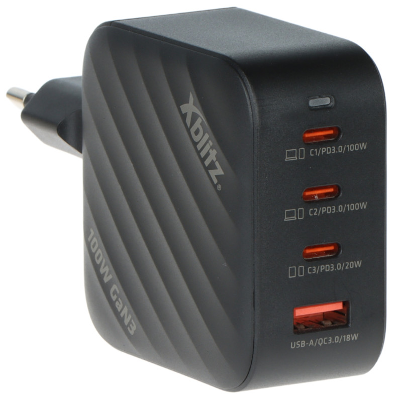 Încărcător de rețea USB GaN3 PD 100W QC 4.0 Încărcare rapidă multiport 3x USB-C 1x USB-A Adaptor laptop Xblitz XB-XC3