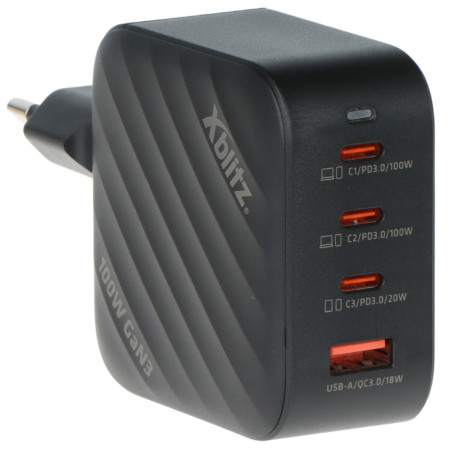 USB GaN3 PD 100W QC 4.0 Snabbladdare Multiport 3x USB-C 1x USB-A Laptopladdare Xblitz XB-XC3