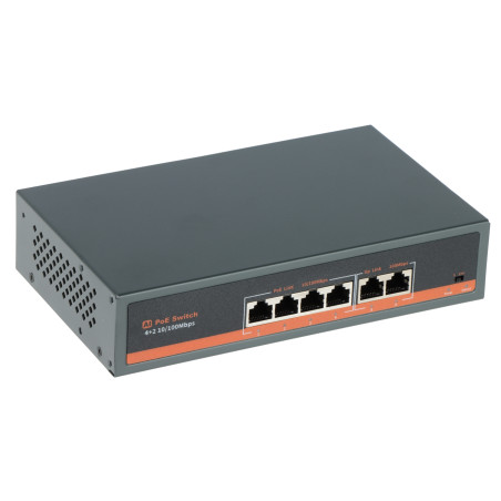PoE-svitsj 4 porter 10/100 Mbps + 2 Uplink 60W Extend 250m Metallkabinett Rack 10 tommer CCTV IP LAN APTI APTI-POE0402-60W-ECO
