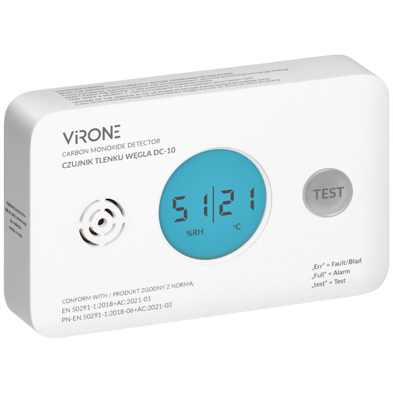 Pengesan karbon monoksida dengan paparan LCD, sensor elektrokimia, siren 85dB, sijil TUV, termometer Virone DC-10