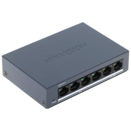 מתג PoE בעל 4 יציאות 10/100 Mbps ו-2 יציאות Uplink RJ45 למערכות אבטחה IP ומפצל רשת Hikvision DS-XS0106-P