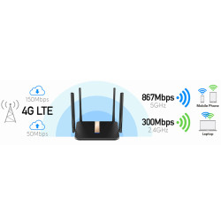 4G LTE pääsupunkt + kaheribaline ruuter 2.4 GHz / 5 GHz 300 Mbit/s + 867 Mbit/s CUDY LT500D