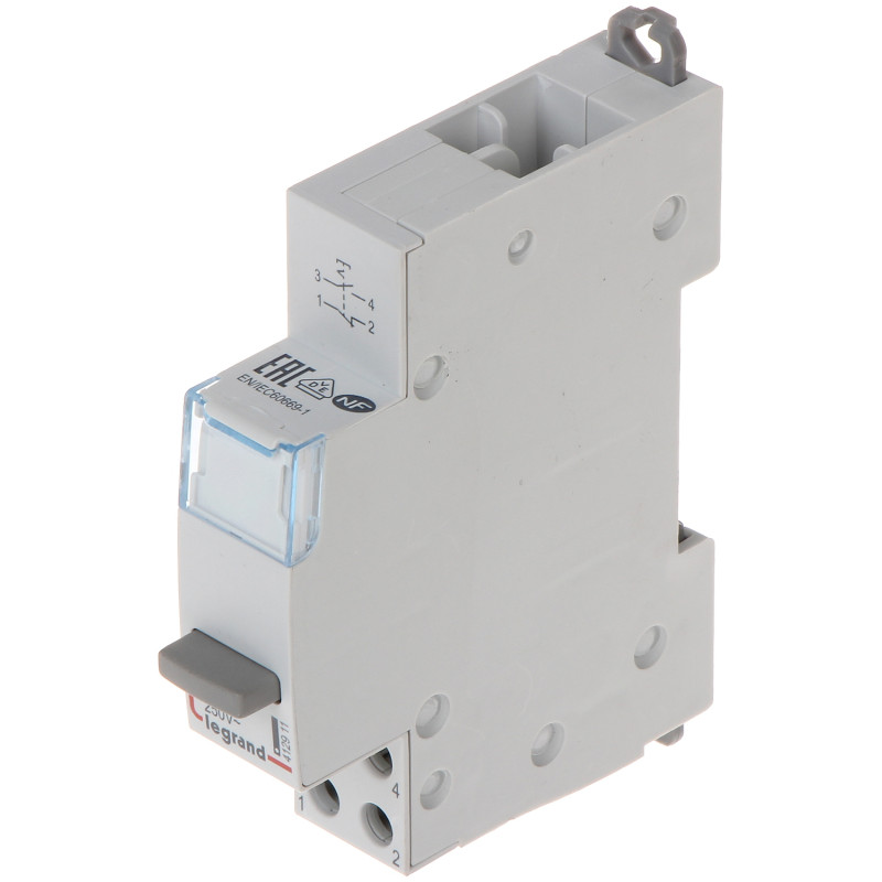 Łącznik przyciskowy pojedynczy bistabilny 1x NO + 1x NC 20A szyna DIN TS-35 sterowanie obwodami LEGRAND LE-412911