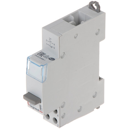 Jednoduchý bistabilní tlačítkový spínač 1x NO + 1x NC 20A na DIN lištu TS-35 pro ovládání obvodů LEGRAND LE-412911