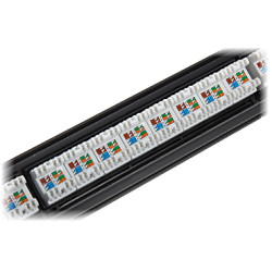 Patchpanel Keystone 24 porter RJ45 Kat.6 RACK 19 tommer 1U Verktøyfri Svart Metall Solid Nettverk LAN Delta Network PP-24/RJ-FX/