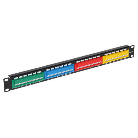 Patchpaneel 24 poorten RJ45 Cat 5e UTP 19 inch 1U schuin zwart netwerkkabelorganizer Delta PP-24/RJ-KAT