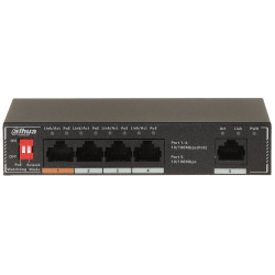 מתג PoE בעל 4 יציאות 10/100Mbps Hi-PoE 60W עם Watchdog ומארז מתכת שולחני כולל ספק כוח DAHUA SF1005P
