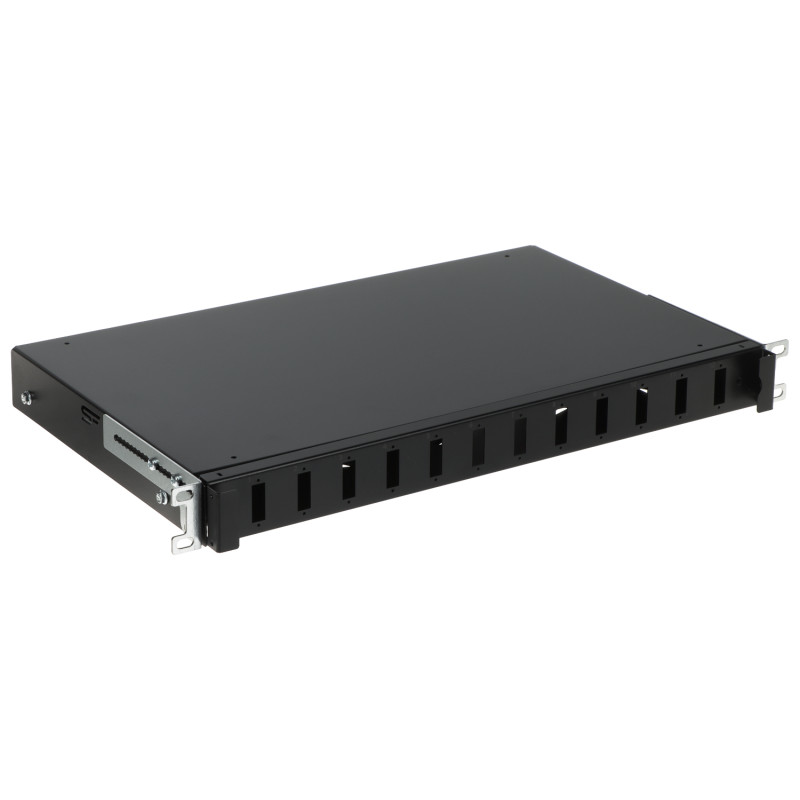 Optický rozvádzač 19 palcov 1U 12 portov SC Duplex LC Quad výsuvná zásuvka čierny patch panel STALFLEX TFDP-19-1U-12D-SC-B