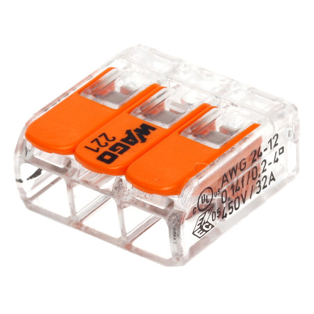 Elektrinė greitoji jungtis 3 laidų 4mm2 32A montavimo jungtis 50 vienetų rinkinys Wago WAGO-221-413*P50