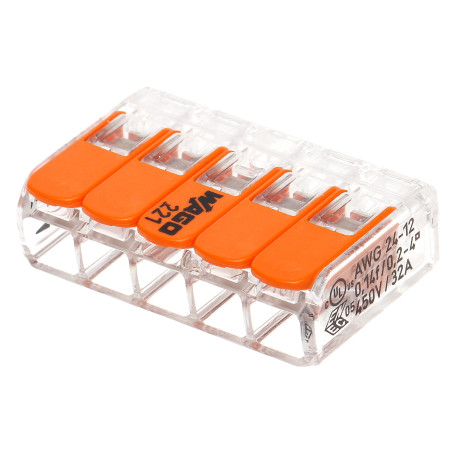 5 laidų montavimo greitoji jungtis su svirtelėmis 4mm2 32A 450V rinkinys 25 vnt oranžinė Wago WAGO-221-415*P25