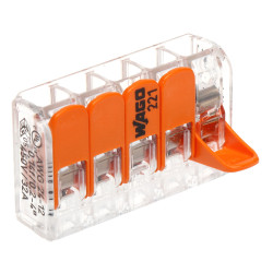 5 laidų montavimo greitoji jungtis su svirtelėmis 4mm2 32A 450V rinkinys 25 vnt oranžinė Wago WAGO-221-415*P25