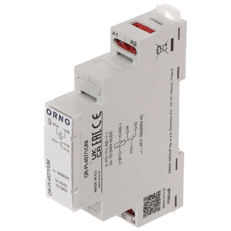 Modular electromagnetic relay for DIN rail 12-230V AC/DC 16A NO/NC Galvanic isolation LED signaling ORNO OR-PI-457/1/UNI
