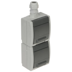 Double Hermetic Surface Mounted Socket IP65 230V 16A with Grounding and Shutters Gray Vertical Outdoor Elektro-Plast AQUANT-G2/V