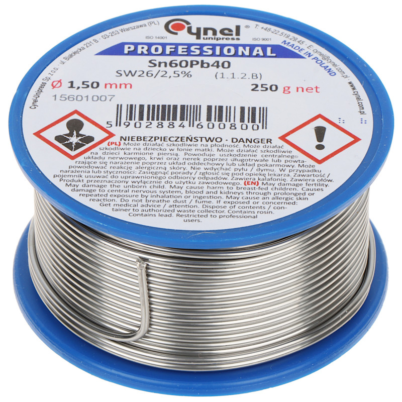 電子工作用はんだワイヤー Sn60Pb40 SW26フラックス入り 1.5mm 250g Cynel Unipress CYN-1.5/250