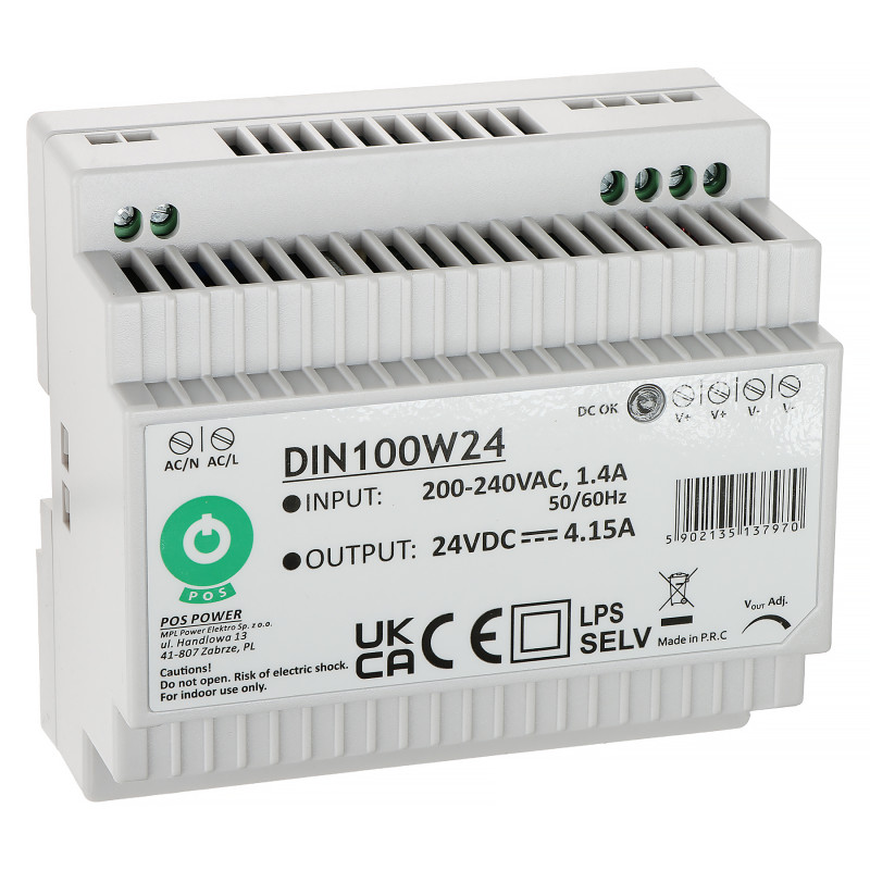 DINレール用スイッチング電源 24V DC 4.15A 100W 電圧調整機能付き 高効率プロ仕様 POS DIN100W24