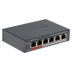 4 prievadų PoE jungiklis 2x Uplink Long Range 300m 45W 6kV metalinis korpusas maitinimo šaltinis komplekte LAN RJ45 Hikvision DS