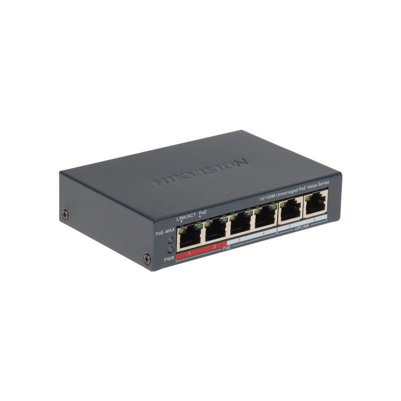 Switch PoE 4 ports 2x Uplink Long Range 300m 45W 6kV Carcassa metàl·lica Font d'alimentació inclosa LAN RJ45 Hikvision DS-3E0106