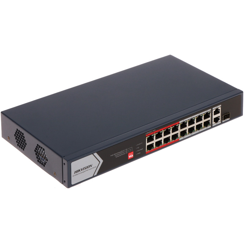 PoE комутатор 16 порта RJ45 10/100 Mbps + 2 Gigabit SFP Combo Uplink порта Rack 19 инча за IP видеонаблюдение Hikvision DS-3E031