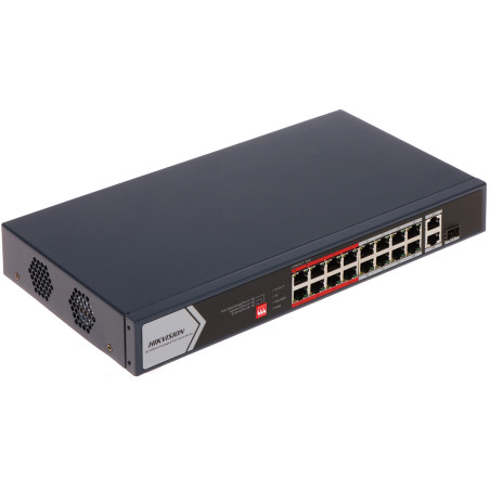 מתג PoE 16 יציאות RJ45 10/100 Mbps ו-2 יציאות Uplink Gigabit SFP Combo למארז 19 אינץ עבור מערכות אבטחה במעגל סגור Hikvision DS-3