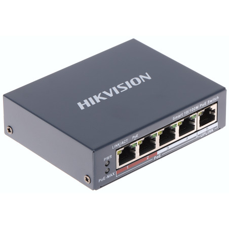 4-porttinen PoE-kytkin 10/100Mbps + 1x Uplink RJ45 hallittava iVMS-4200 Extend 300m virtalähde mukana Hikvision DS-3E1105P-EI