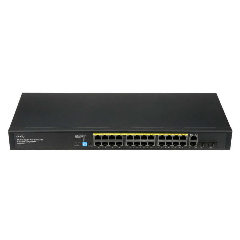 24-pordiline PoE Gigabit Ethernet võrgulüliti 2x Uplink 2x SFP 19-tolline RACK Watchdog VLAN Extend 250m 300W CUDY GS1026PS2
