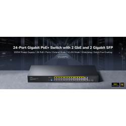 Διακόπτης δικτύου 24 θυρών PoE Gigabit Ethernet 2x Uplink 2x SFP Rack 19 ιντσών Watchdog VLAN Extend 250m 300W CUDY GS1026PS2