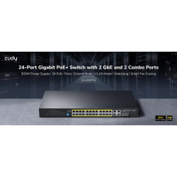 24 prievadų Gigabit PoE jungiklis 2x RJ45 Uplink 2x SFP 300W RACK Watchdog VLAN Extend IP CCTV kameroms CUDY GS2028PS4-300W