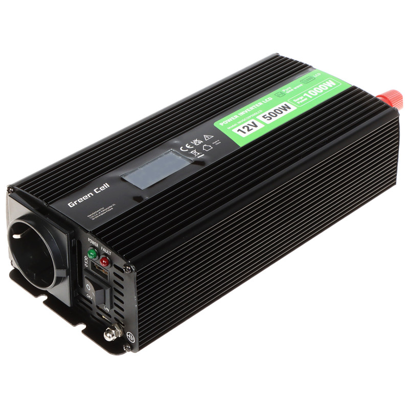 Spændingsomformer 12V til 230V 500W/1000W Ren Sinus LCD USB QC3.0 DC/AC Bil Solar Inverter Green Cell INV/12P500/LCD-GC