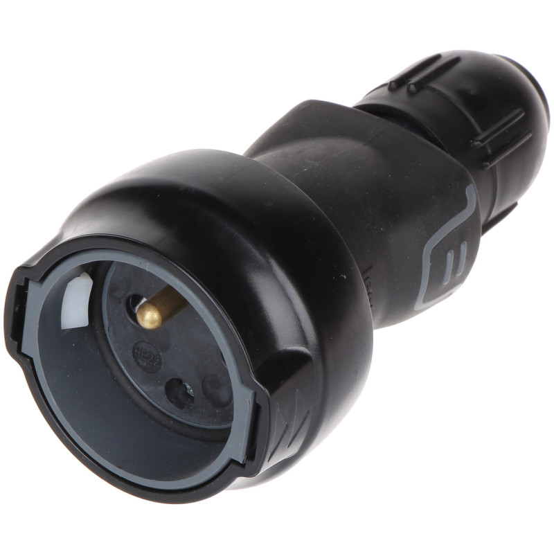 Gummikontakt rak IP44 IK08 230V 16A svart med jordning stickproppslås kabelgenomföring fjäderklämmor LEGRAND LE-50112