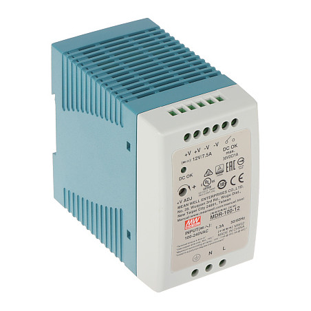 Импулсно захранване за DIN шина 12V 7.5A 90W стабилизирано за автоматизация и видеонаблюдение Mean Well MDR-100-12