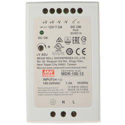 12V 7.5A 90W DIN Rail Switching Power Supply stabilized for automation and CCTV Mean Well MDR-100-12