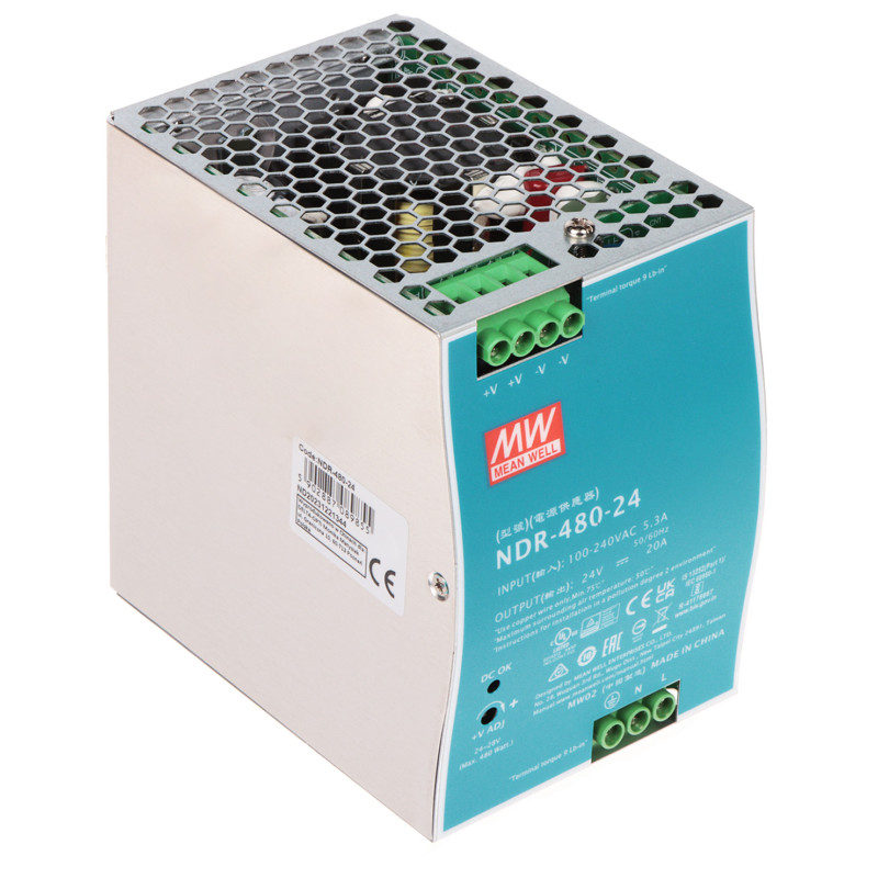 DIN导轨开关电源 24V DC 20A 480W 高效率 MEAN WELL NDR-480-24
